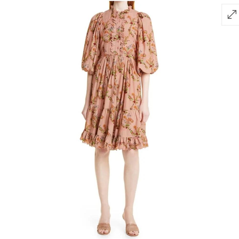 ByTiMo Floral Dobby Textured Ruffle Puff Sleeve Dress - Size S